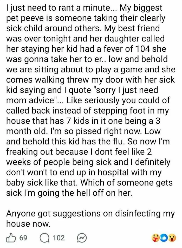 Post about frustration with parents taking a sick child with the flu around others