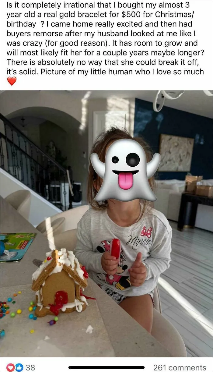 Parent shares photo of child with gingerbread house and mentions gold bracelet gift