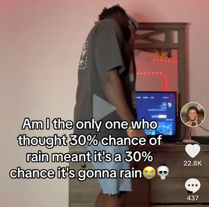Person reacting to rain chance misunderstanding meme