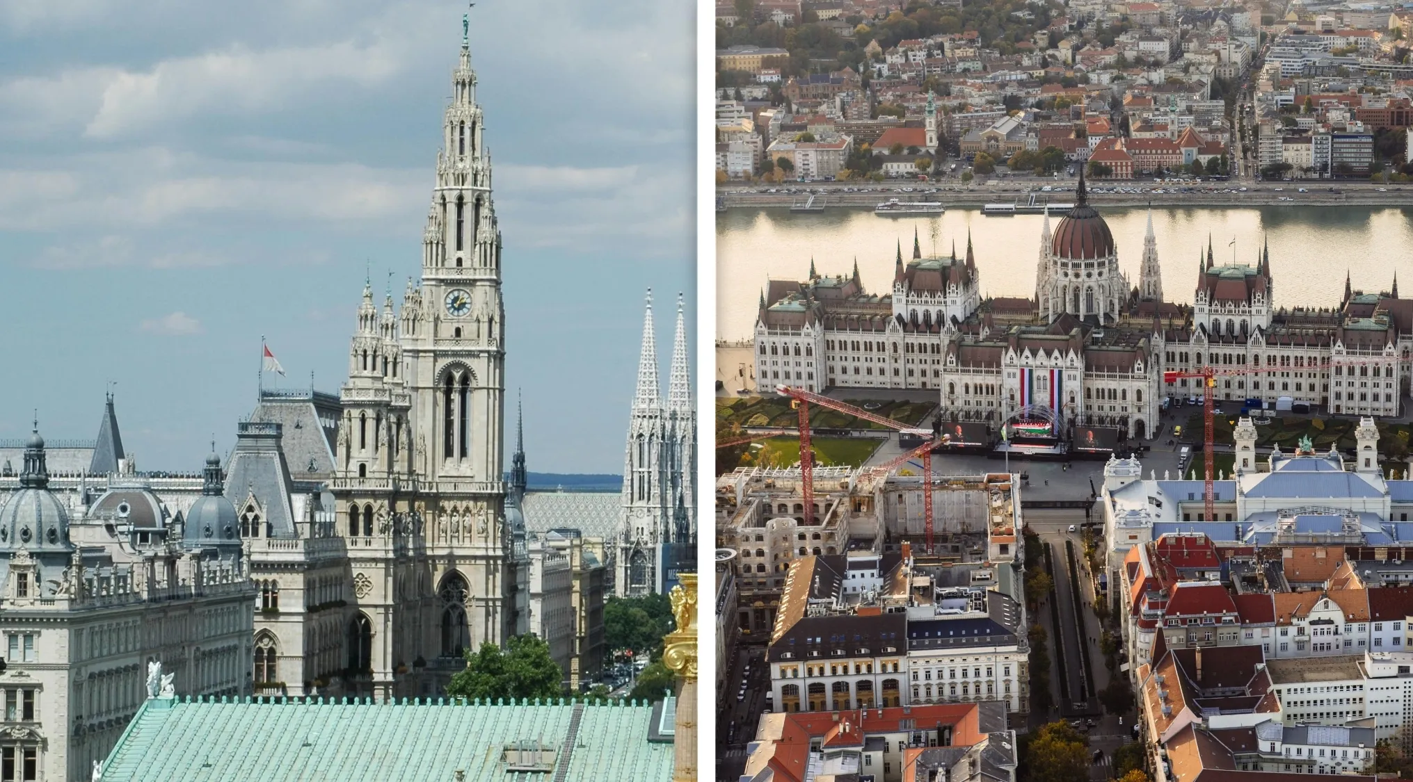 Panoramic views of Vienna and Budapest skylines; buildings with ornate architecture, a river flows through both cities. General Knowledge Quiz, Europe Questions.