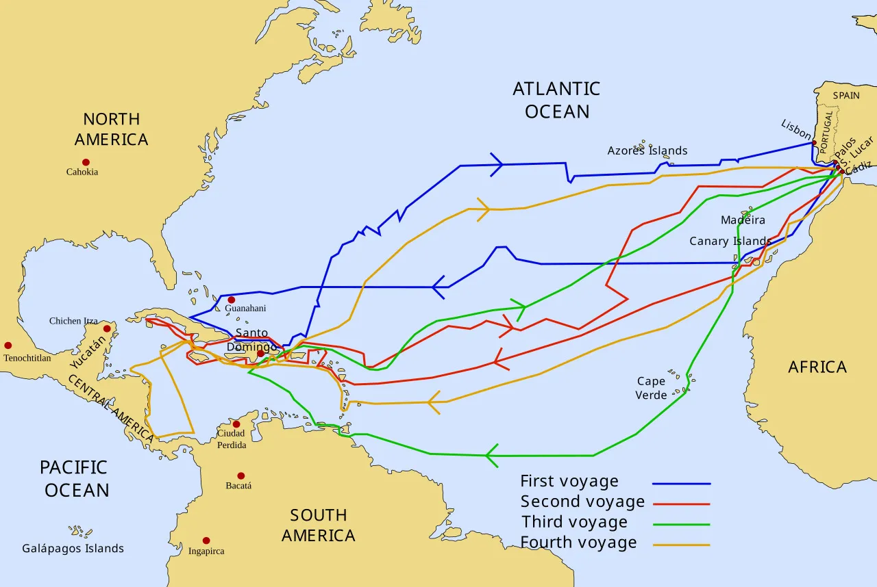 Map of four voyages across the Atlantic Ocean, illustrating Europe Questions and explorer routes under the Spanish crown.