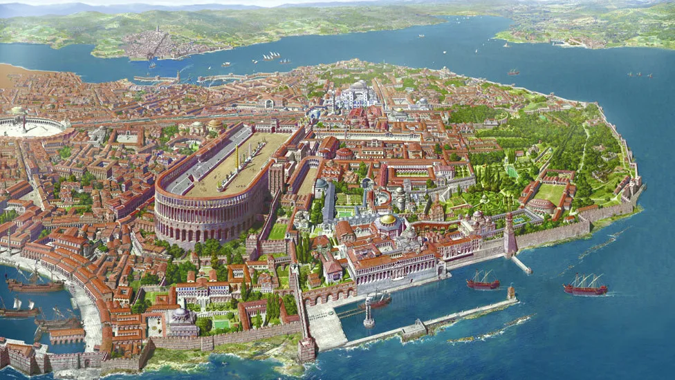 Aerial illustration of ancient Constantinople, featuring the Hippodrome and Hagia Sophia. General Knowledge Quiz: Europe Questions.