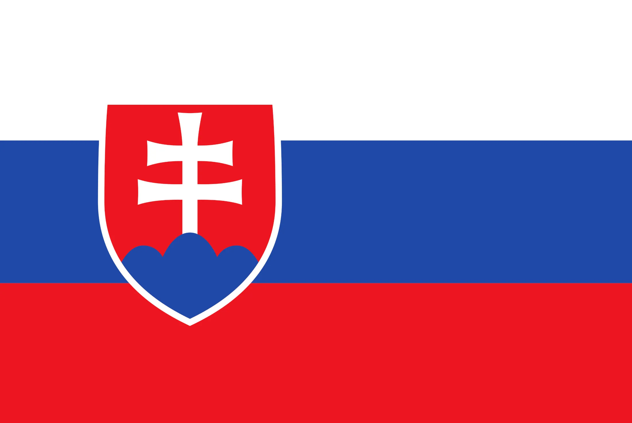 The flag of Slovakia, featuring horizontal stripes of white, blue, and red, with the national coat of arms.
