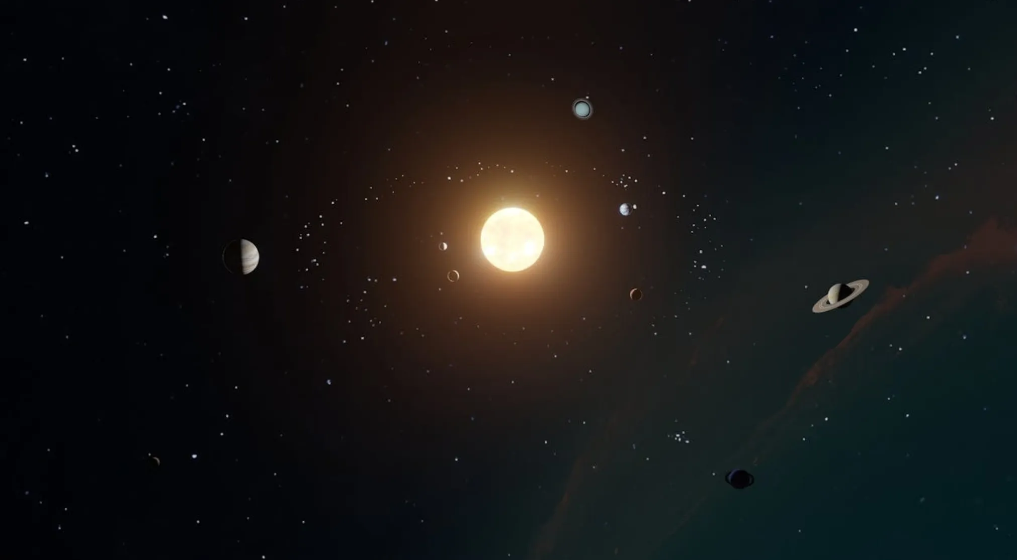 The solar system with planets orbiting a central sun, amidst a starry sky. Learn about our solar system.