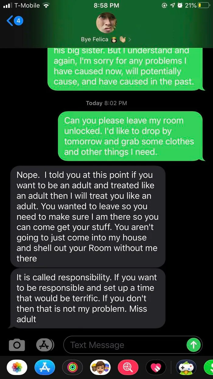 Text message about responsibility and accessing a locked room