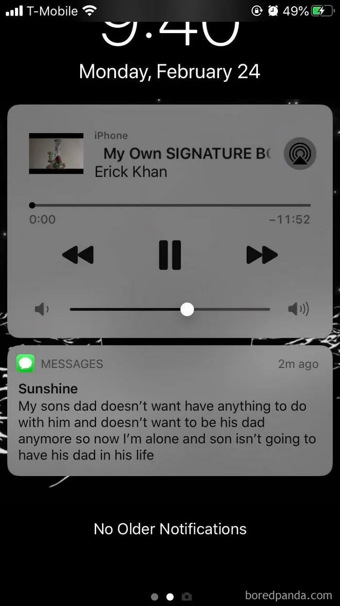 Phone notification with a sad message about a son's father abandoning him