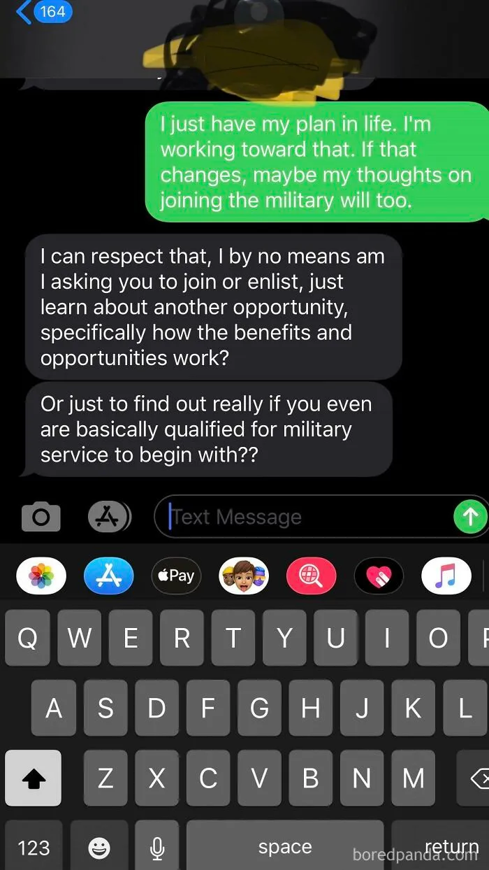 Text exchange about life plans and military service inquiry