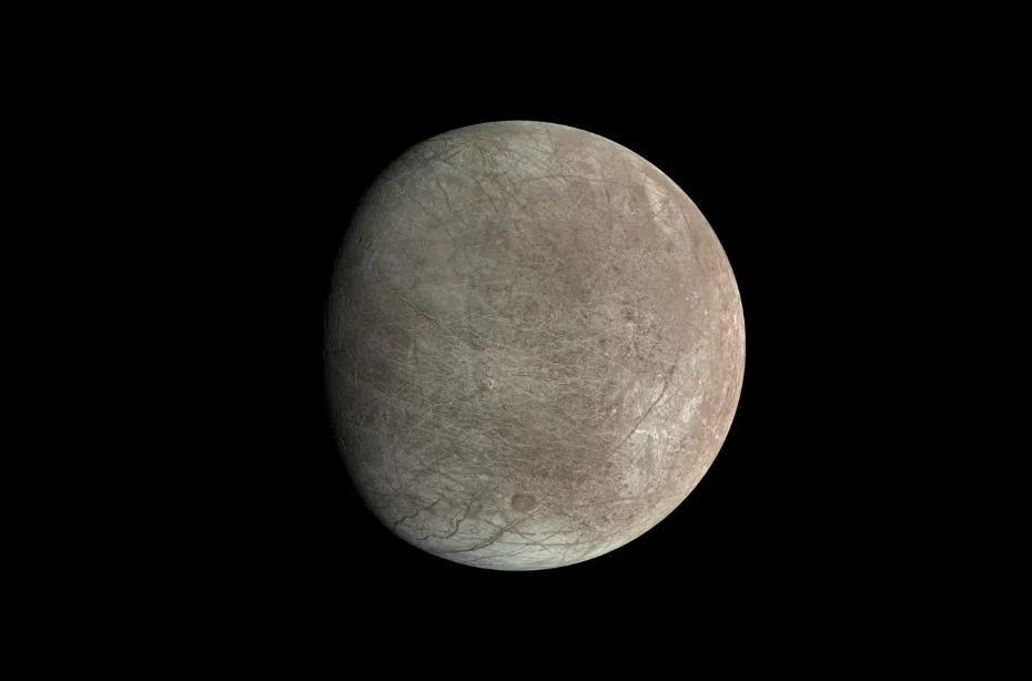 A detailed image of Europa, a moon with a subsurface ocean, showing its heavily cratered and icy surface.