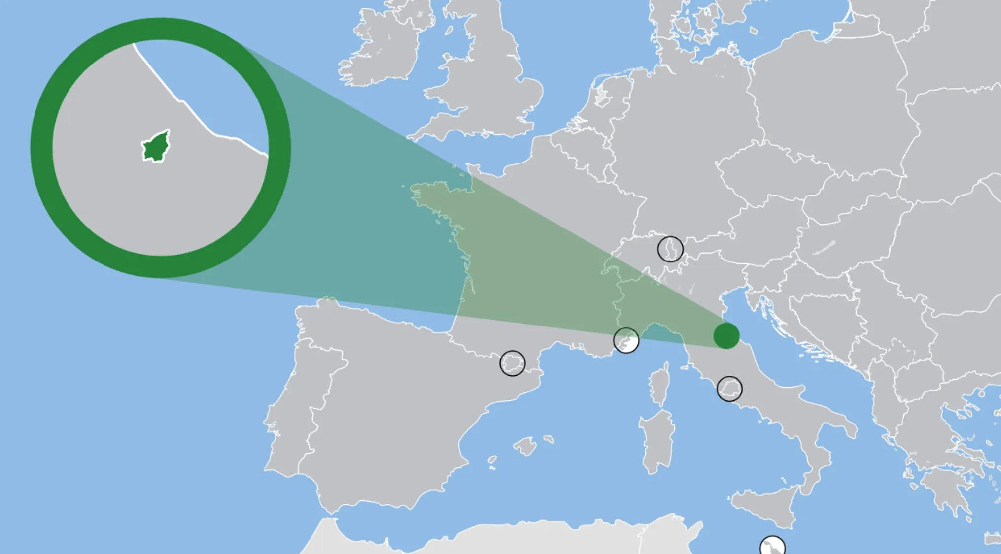 Map of Europe showing Italy and a magnified inset of San Marino. General Knowledge Quiz: European country surrounded by Italy.