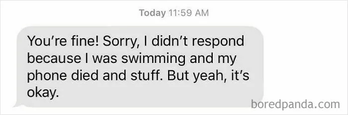 Apology message explaining missed response due to swimming and dead phone