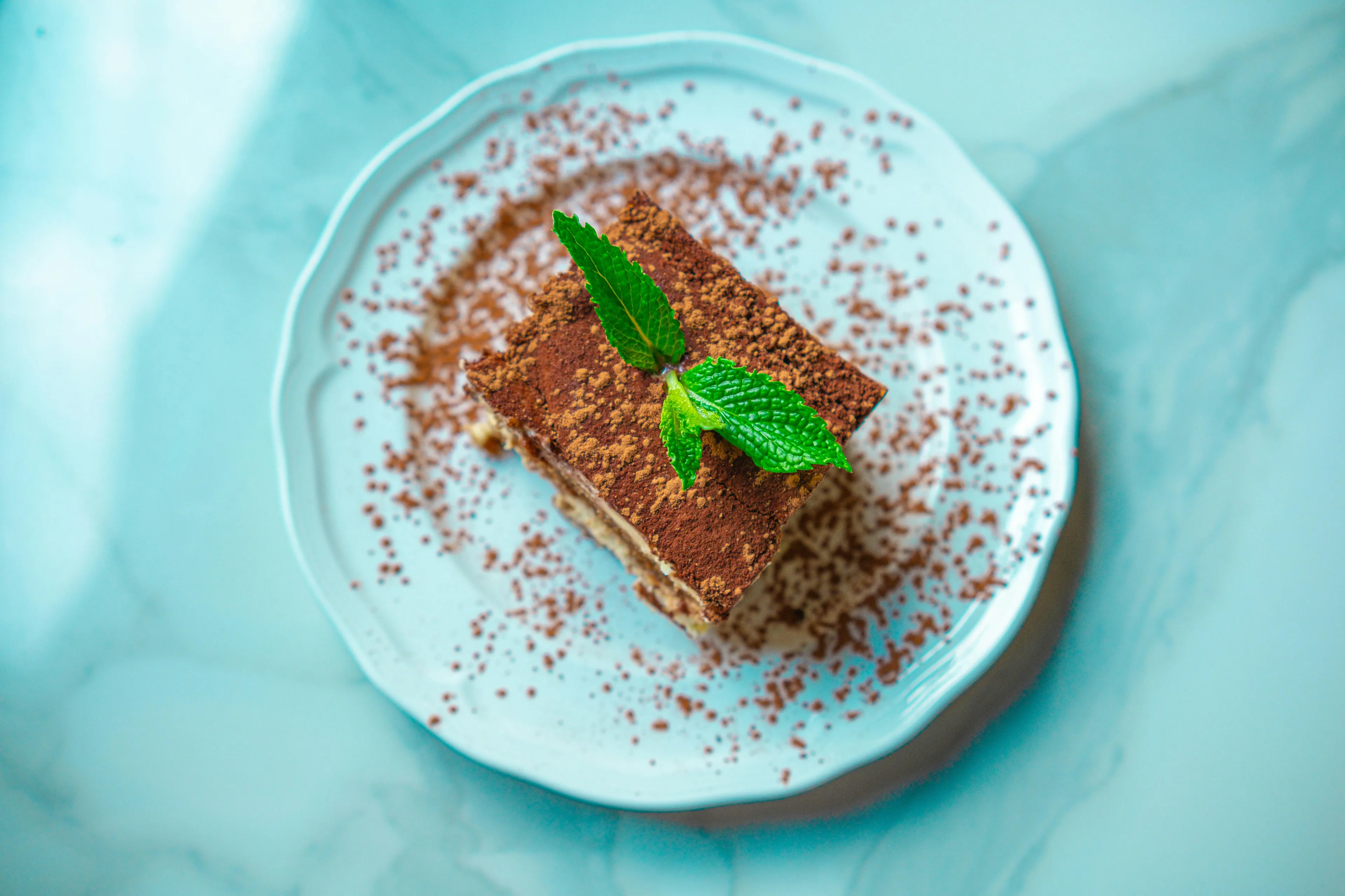 Delicious tiramisu dessert on a white plate, dusted with cocoa powder and garnished with fresh mint leaves.