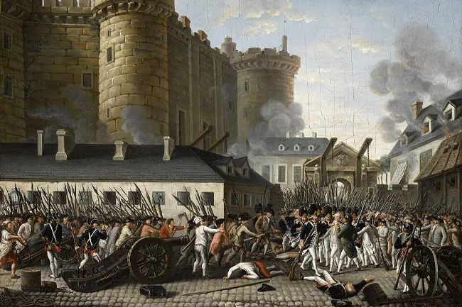 The storming of the Bastille, depicting a chaotic battle during The French Revolution, with soldiers and civilians fighting.