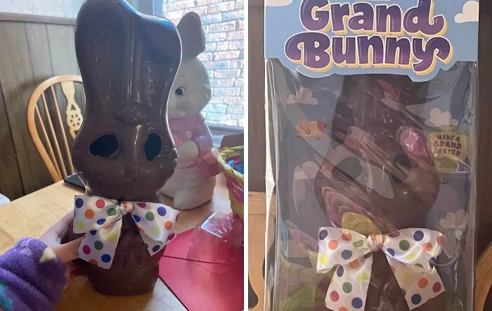 Chocolate bunny with hollow eyes and decorated colorful bow tie, packaging labeled Grand Bunny