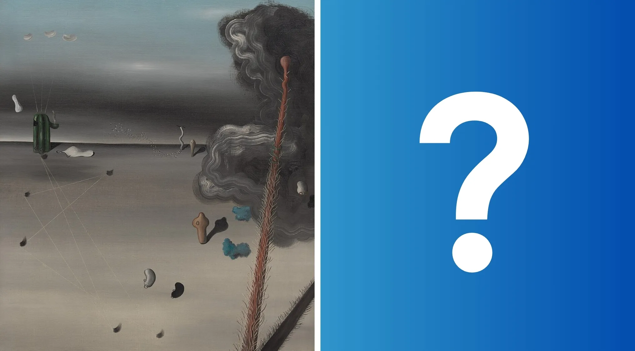 Pub Quiz art and cultural movement: A surrealist painting with a dark sky, scattered objects, and a large question mark on a blue background.