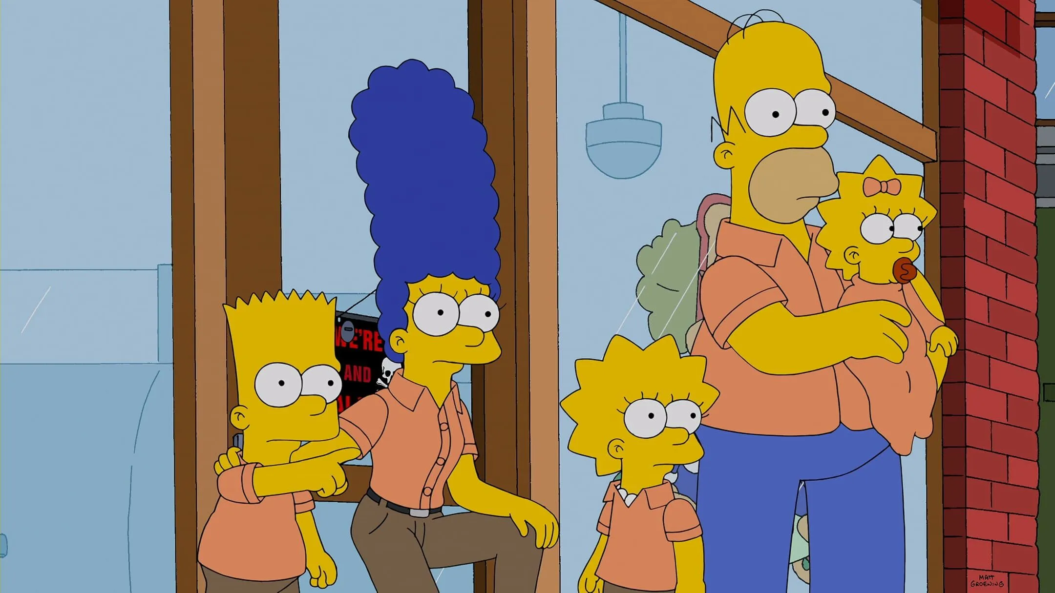 The Simpson family, Homer, Marge, Bart, Lisa, and Maggie, dressed in orange shirts, looking out. Pub Quiz Part 10.