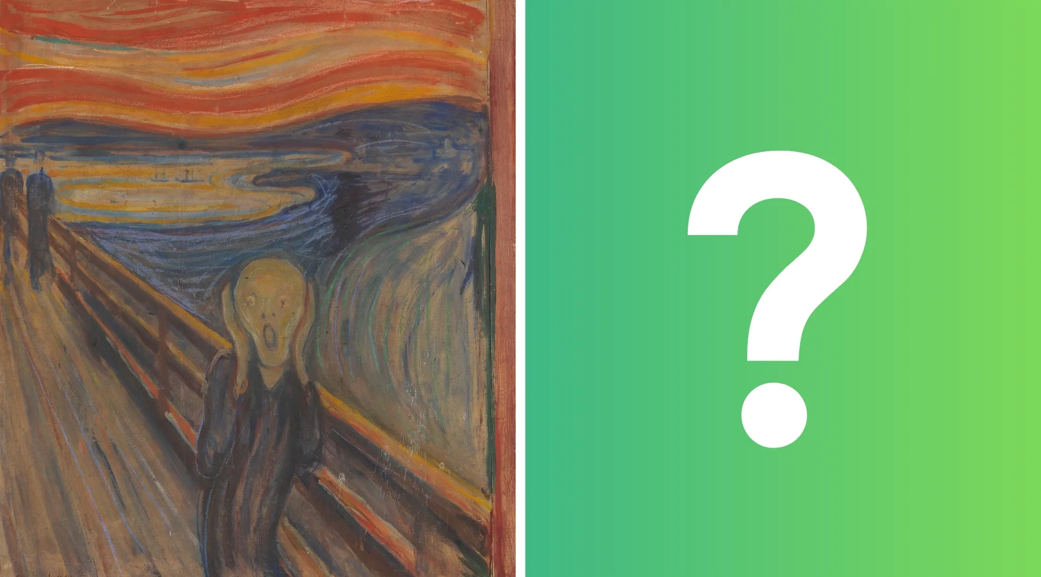 Painting of The Scream by Edvard Munch on the left, with a large white question mark on a green gradient background on the right, for a pub quiz.