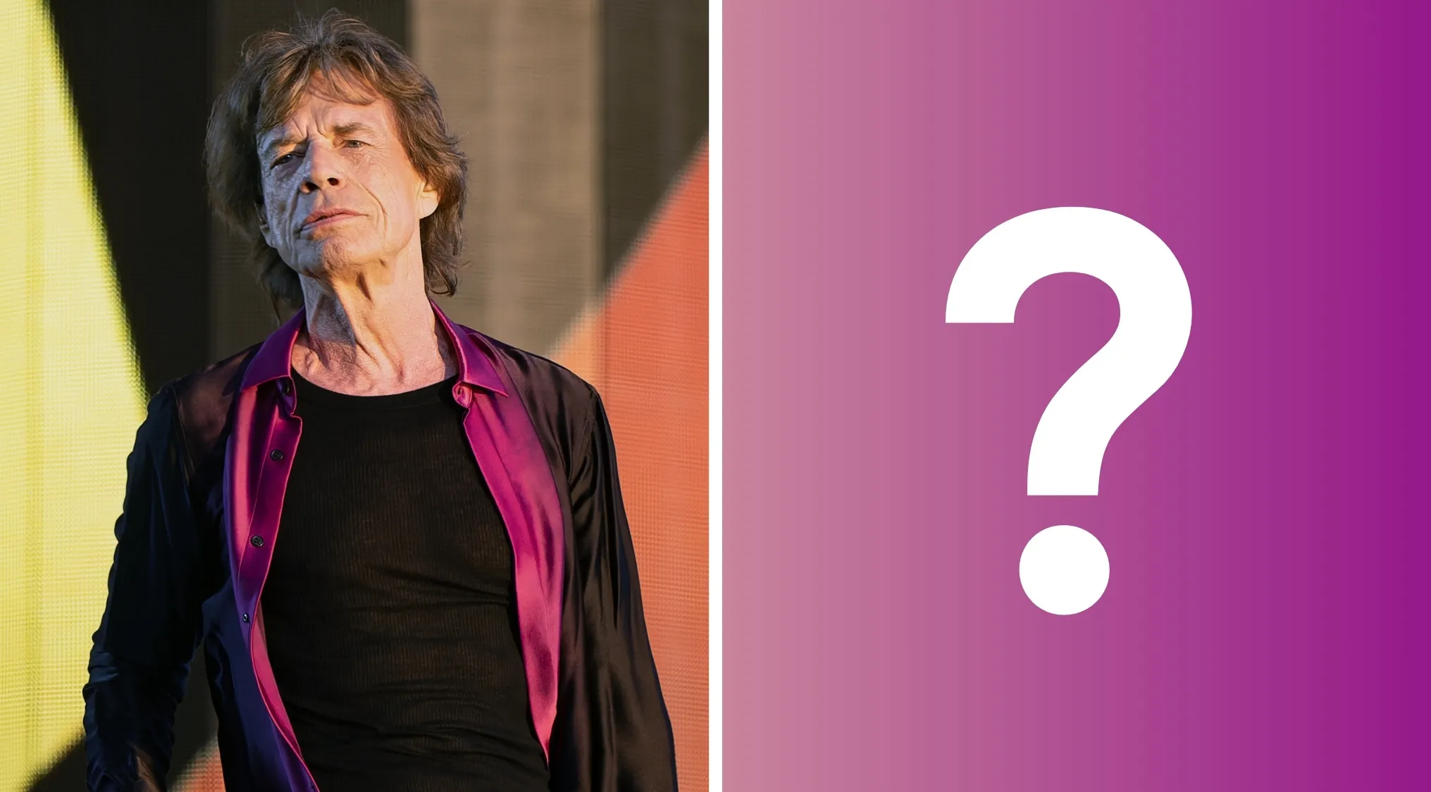 Mick Jagger, frontman of a rock band, in a magenta shirt with a question mark on a purple background for a pub quiz.