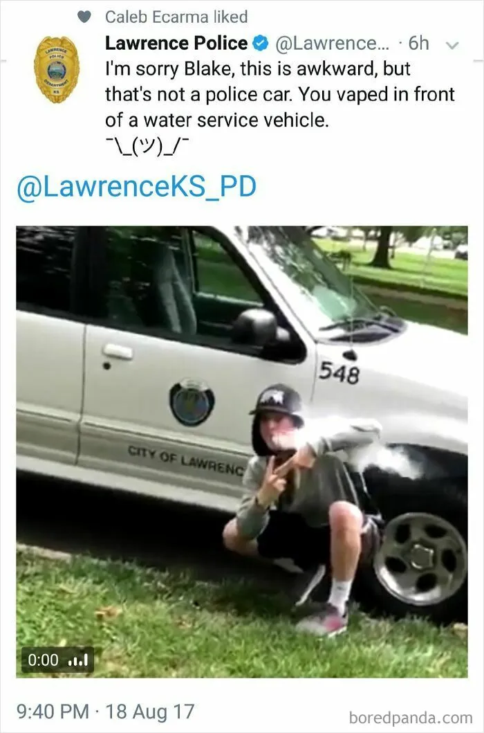 Vaping In Front Of A Water Service Vehicle Thinking It's A Cop Car