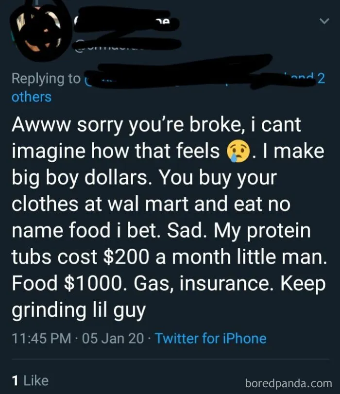 Tweet boasting about making money and expensive protein tubs