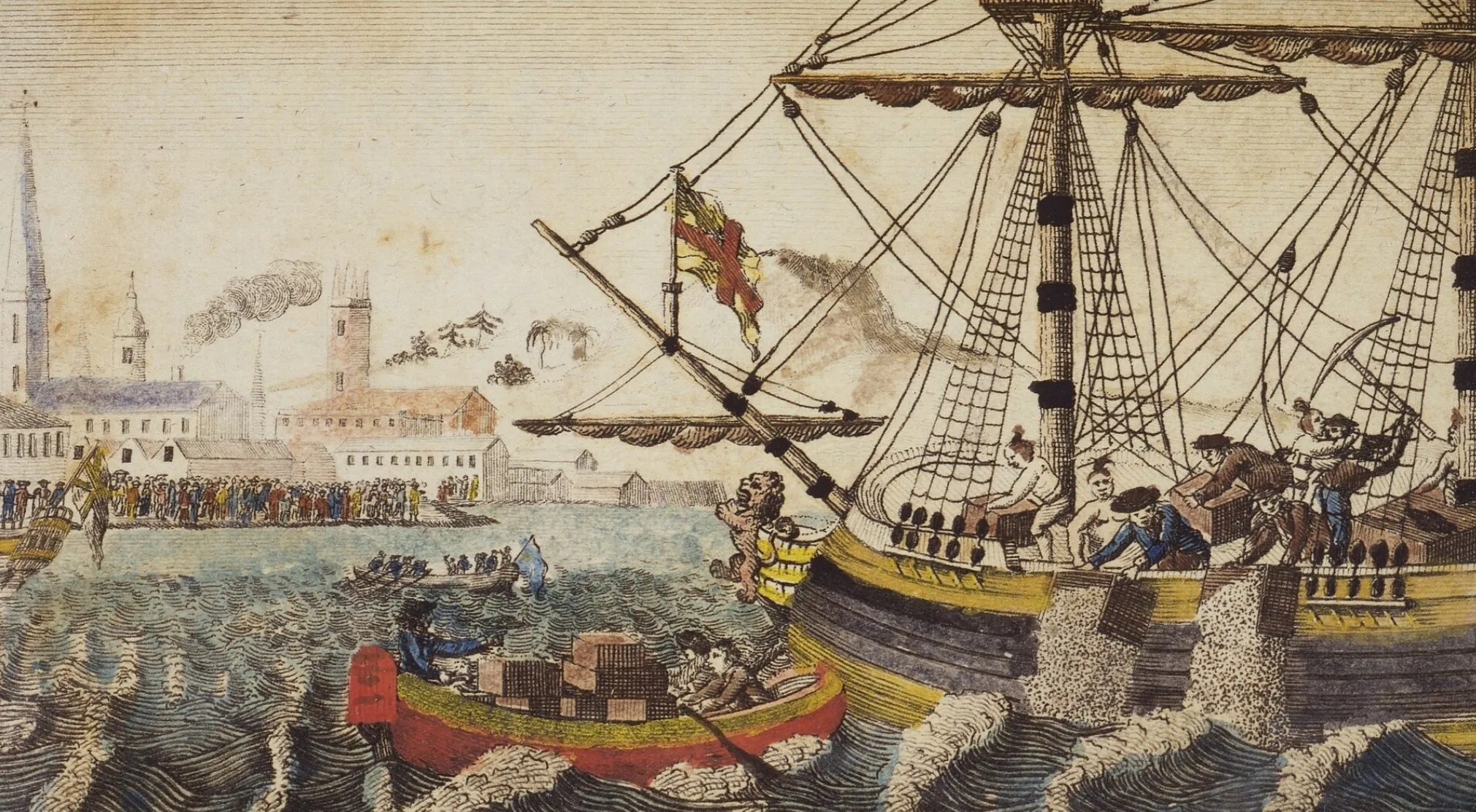 An 18th-century illustration of the Boston Tea Party, with men dumping tea into the harbor and a crowd on shore. USA Throughout History Quiz.
