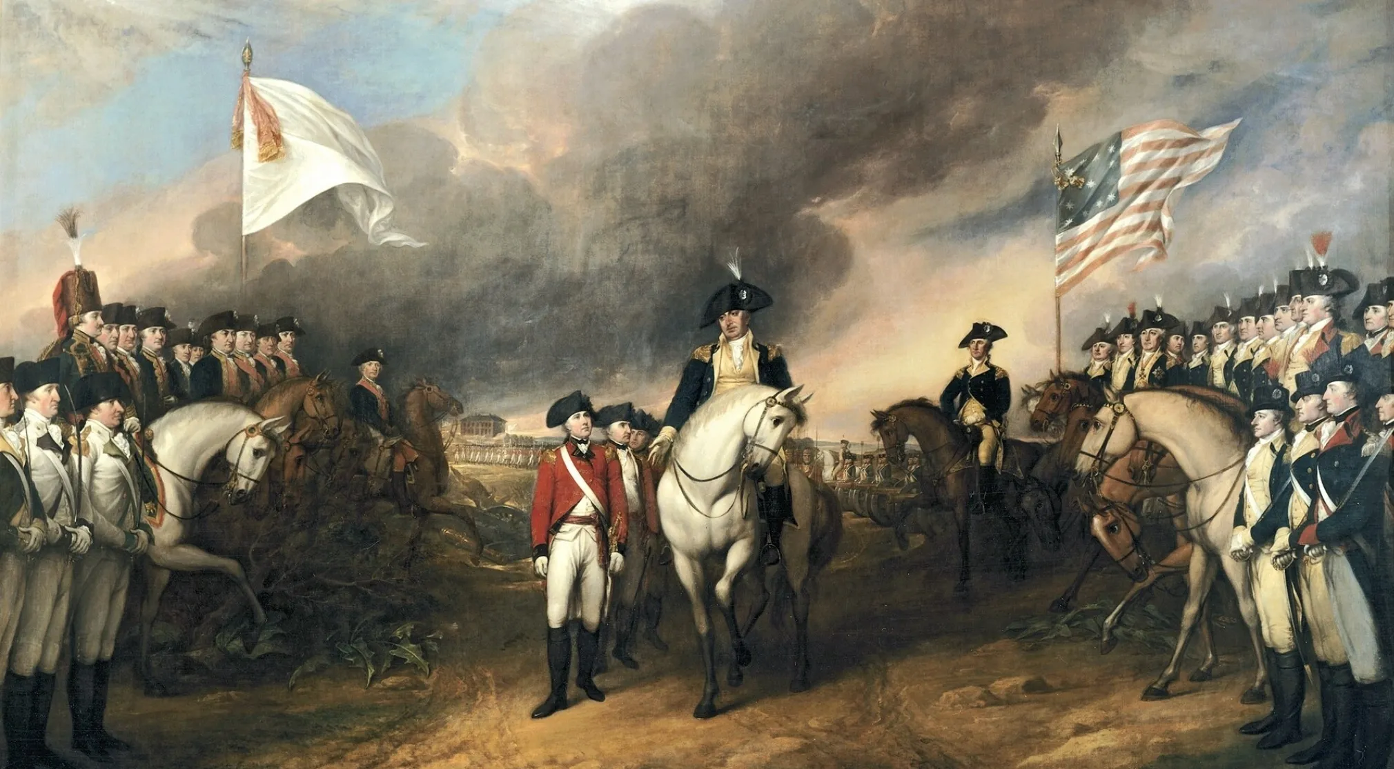Painting of Revolutionary War figures, including George Washington, on horseback with soldiers and flags. First battle of the Revolutionary War.