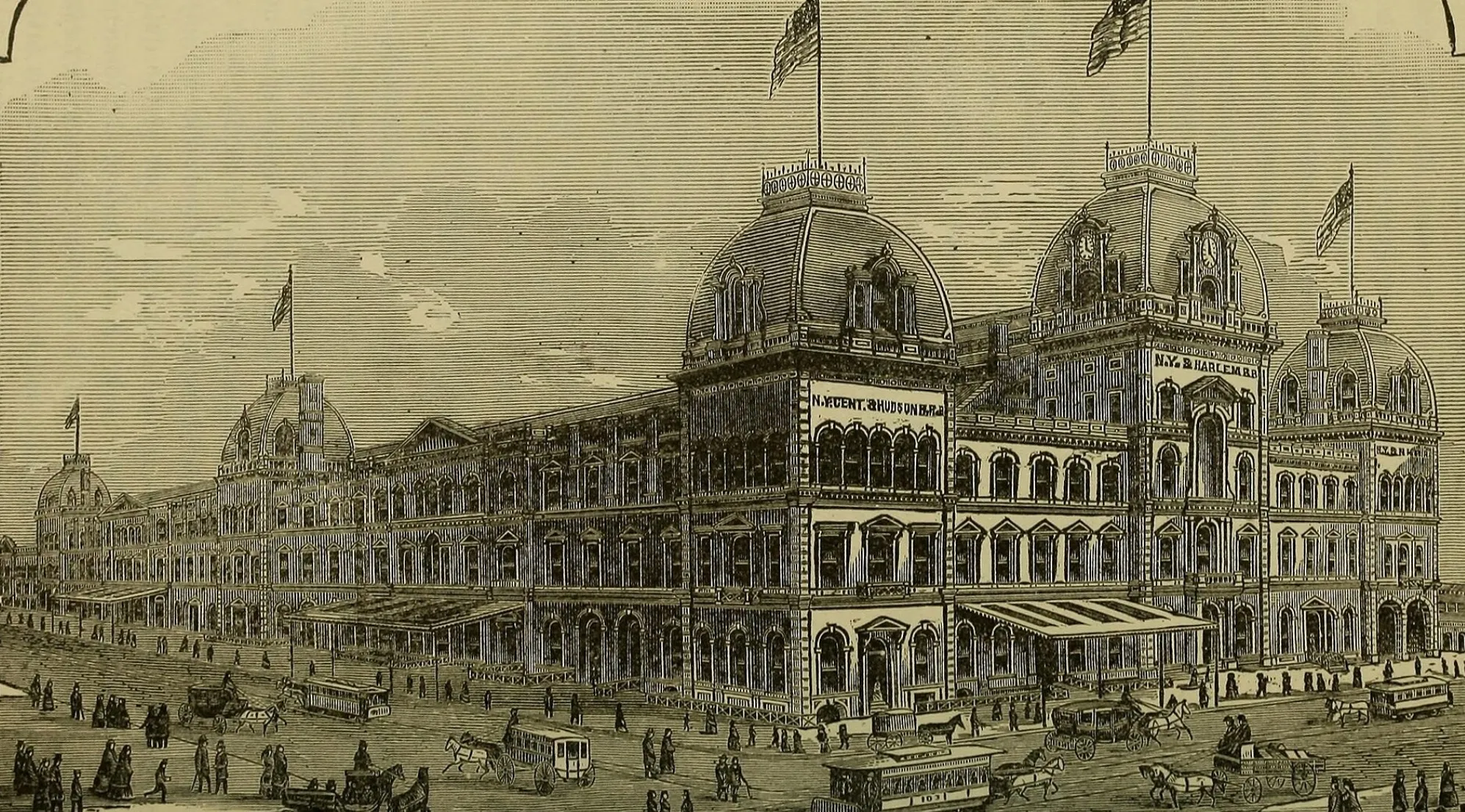An engraving of Grand Central Depot in NYC during the Gilded Age, bustling with horse-drawn carriages and people. USA History.
