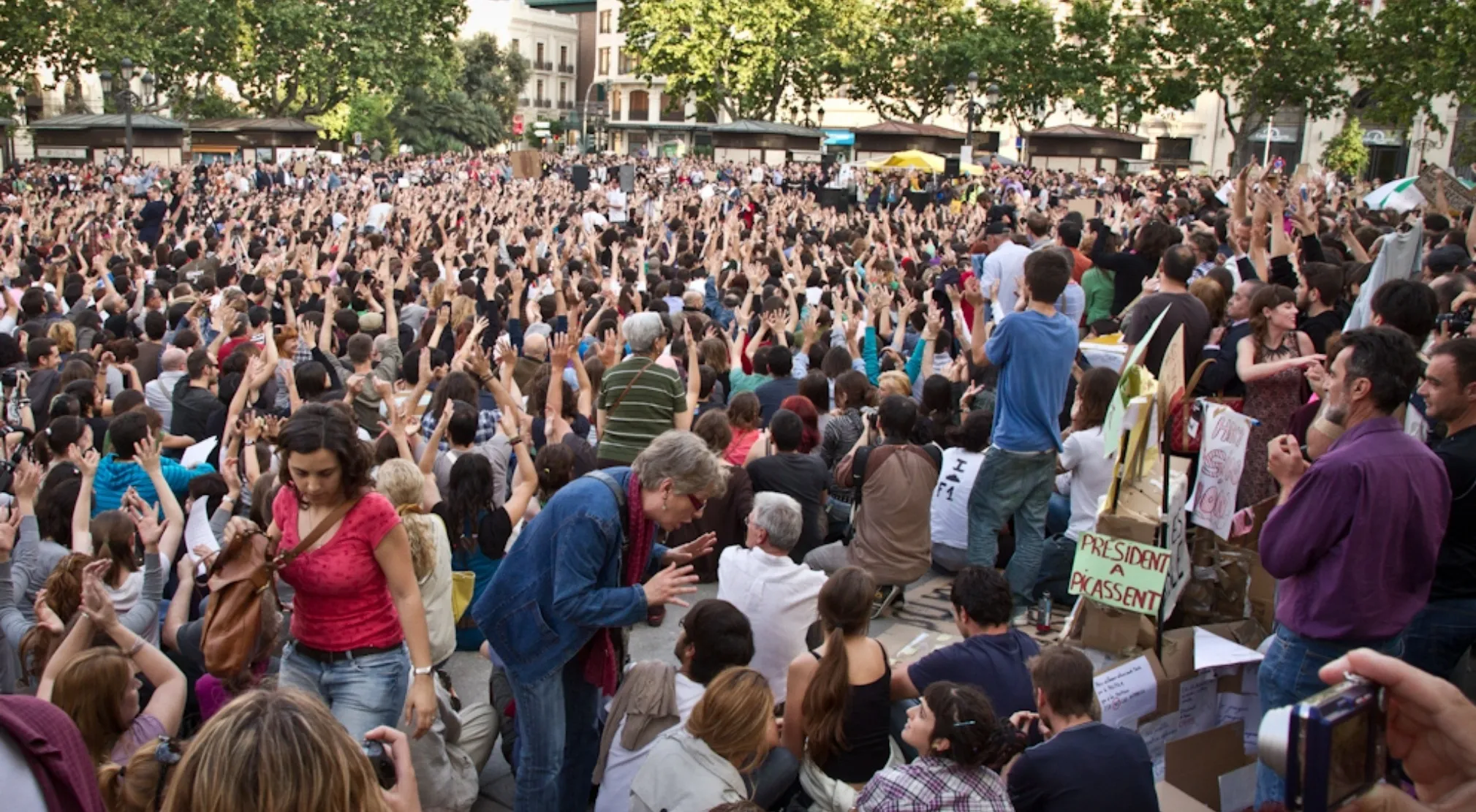A large crowd of people with their hands raised at an outdoor event, reflecting public sentiment during a major economic crisis.