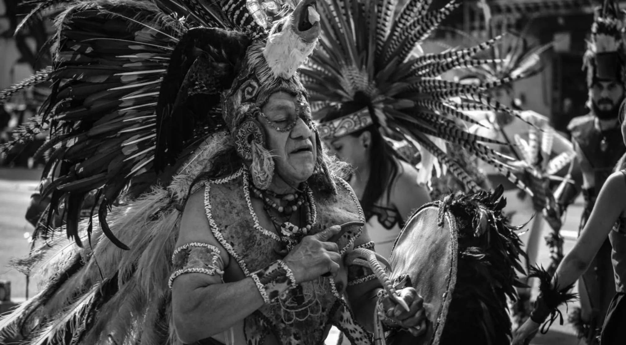 Black and white photo of a Native American man in traditional feathered regalia, central to understanding Native American culture.