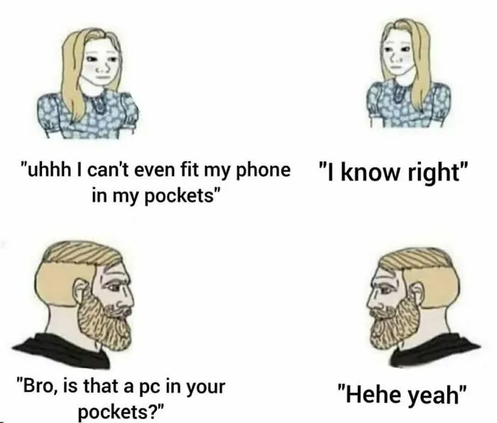 Cartoon meme about phone size and pocket space as escape reality meme