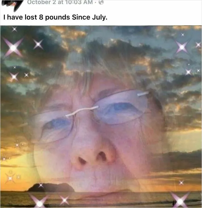Funny screenshot about losing 8 pounds since July with a glowing face overlay and stars