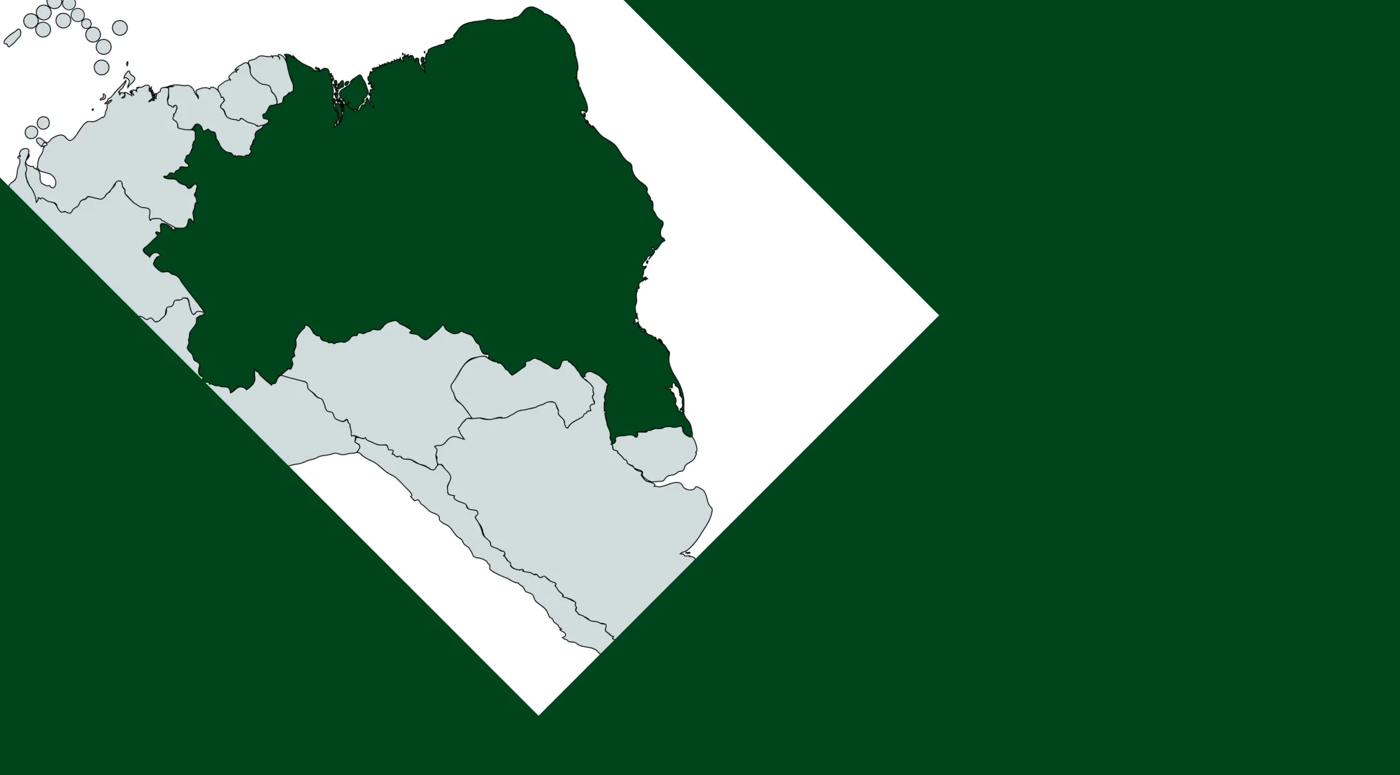 A map with one country highlighted in dark green, surrounded by gray countries. Guess the country! Geography Challenge.