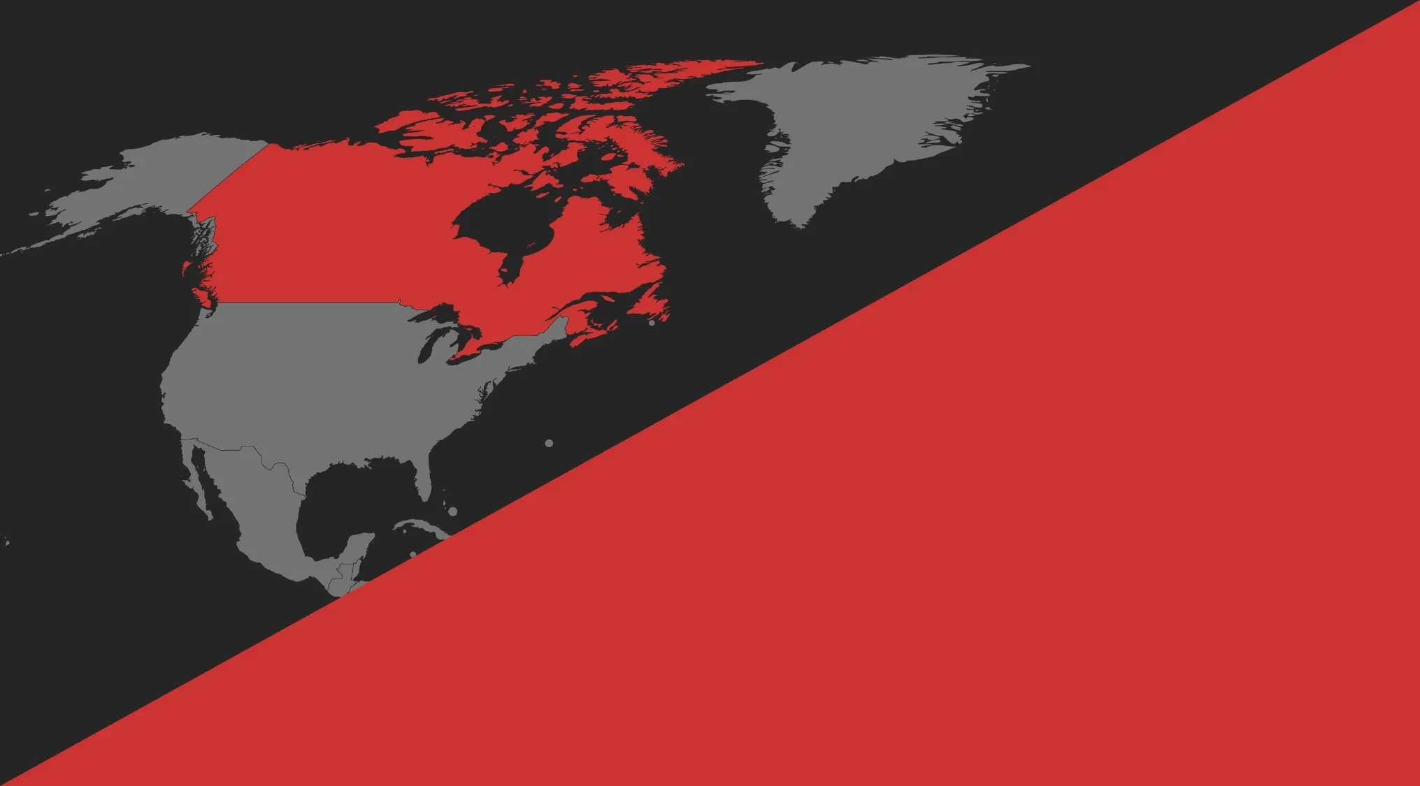 A map of North America on a black background. Canada is highlighted in red. Guess the country from the crazy map.