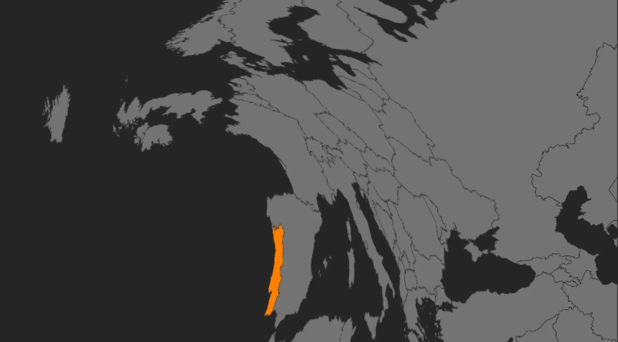 A crazy map with a highlighted orange European country, likely Portugal. Geography challenge: Guess the country.