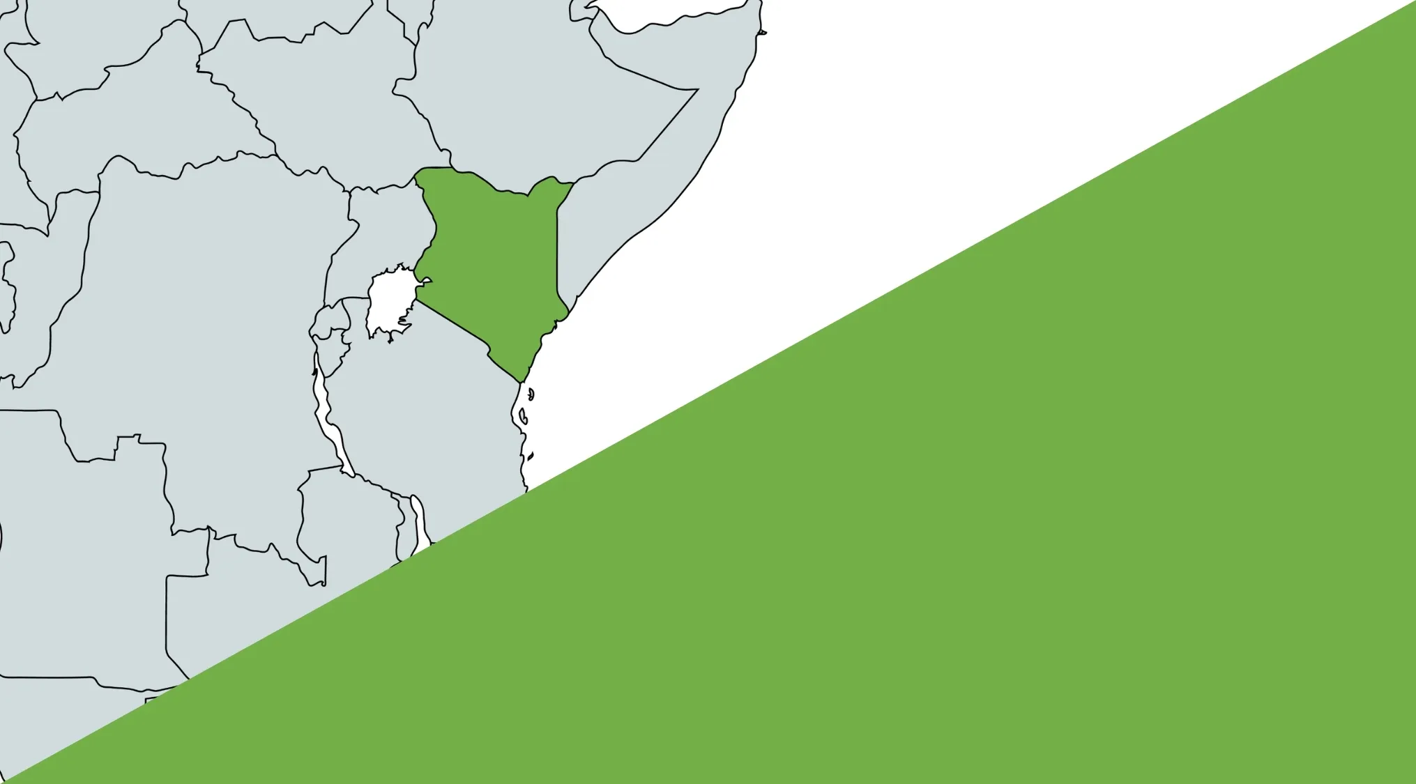 A map of eastern Africa with Kenya highlighted in green, part of a Geography Challenge to guess the country.