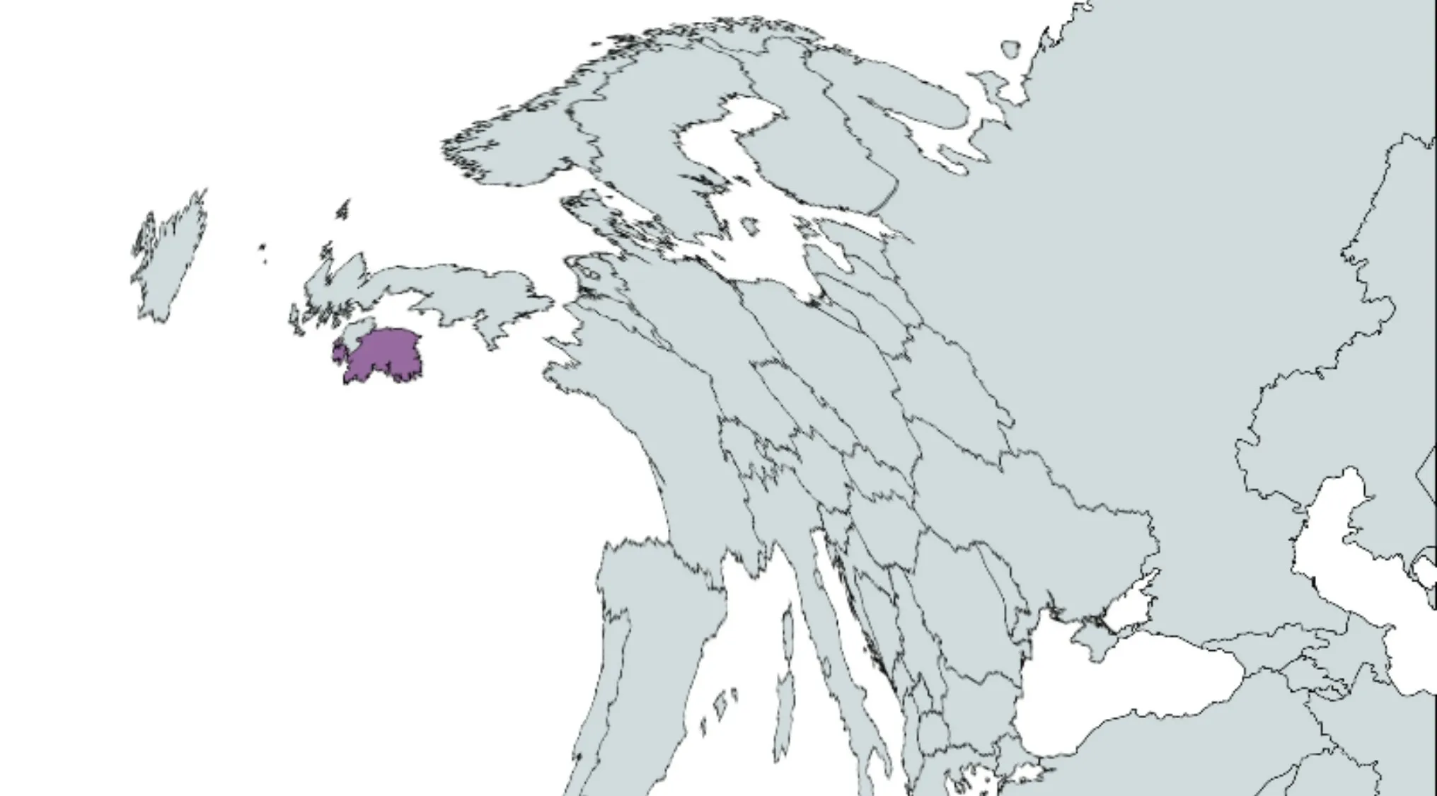 Geography Challenge: A purple highlighted country on a crazy map. Guess the country from the twisted map.