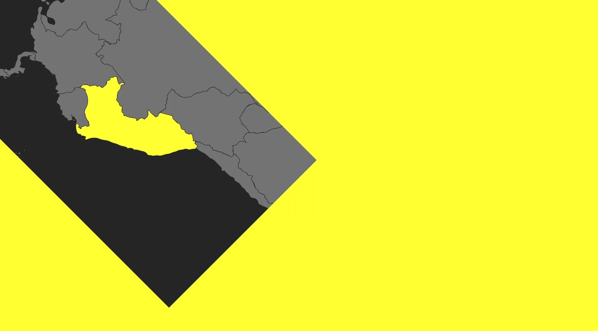 A yellow country highlighted on a grey map, partially covered by black and yellow sections. Geography challenge map.