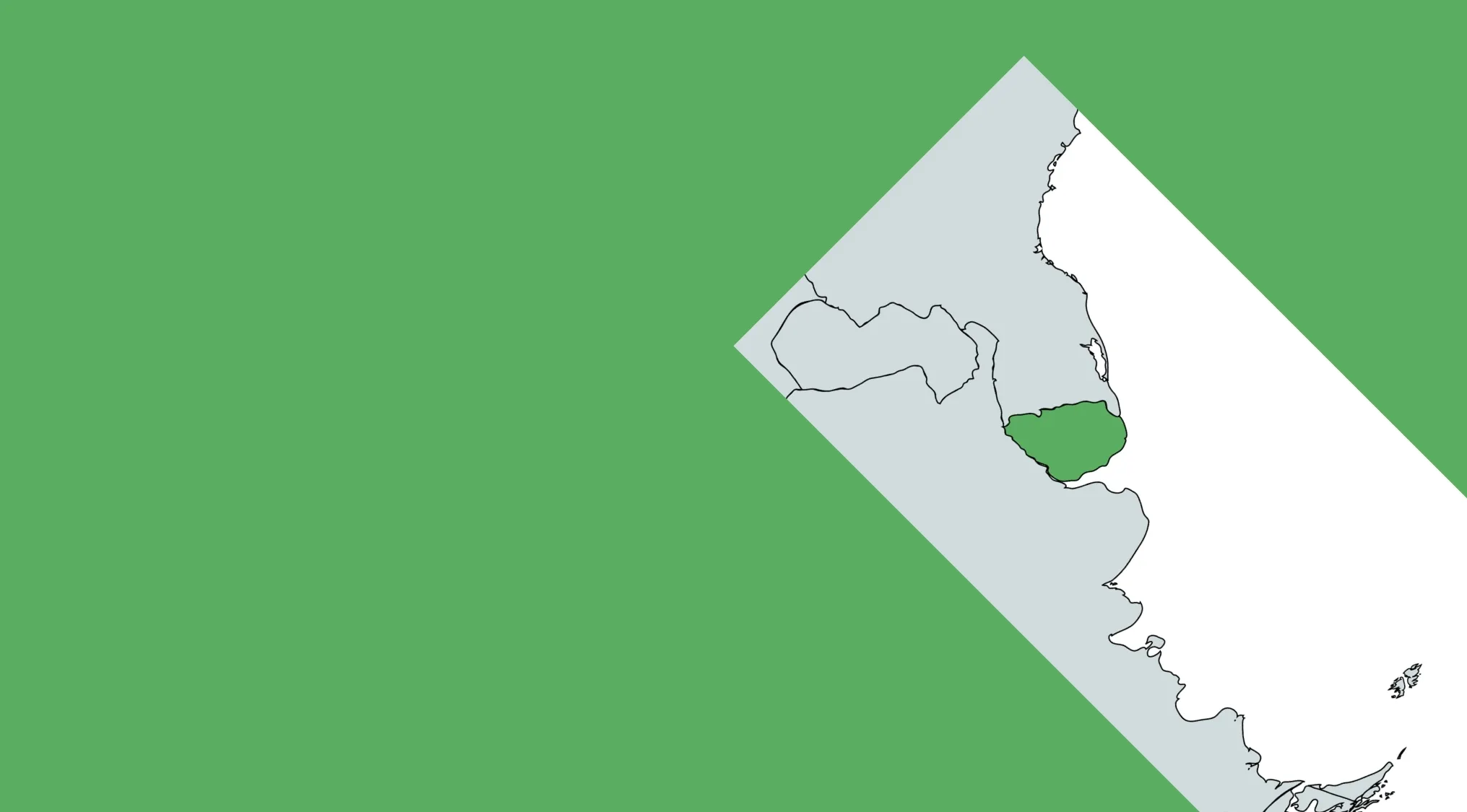 A challenging geography map puzzle showing a green highlighted country on a grey sliced map, on a green background.