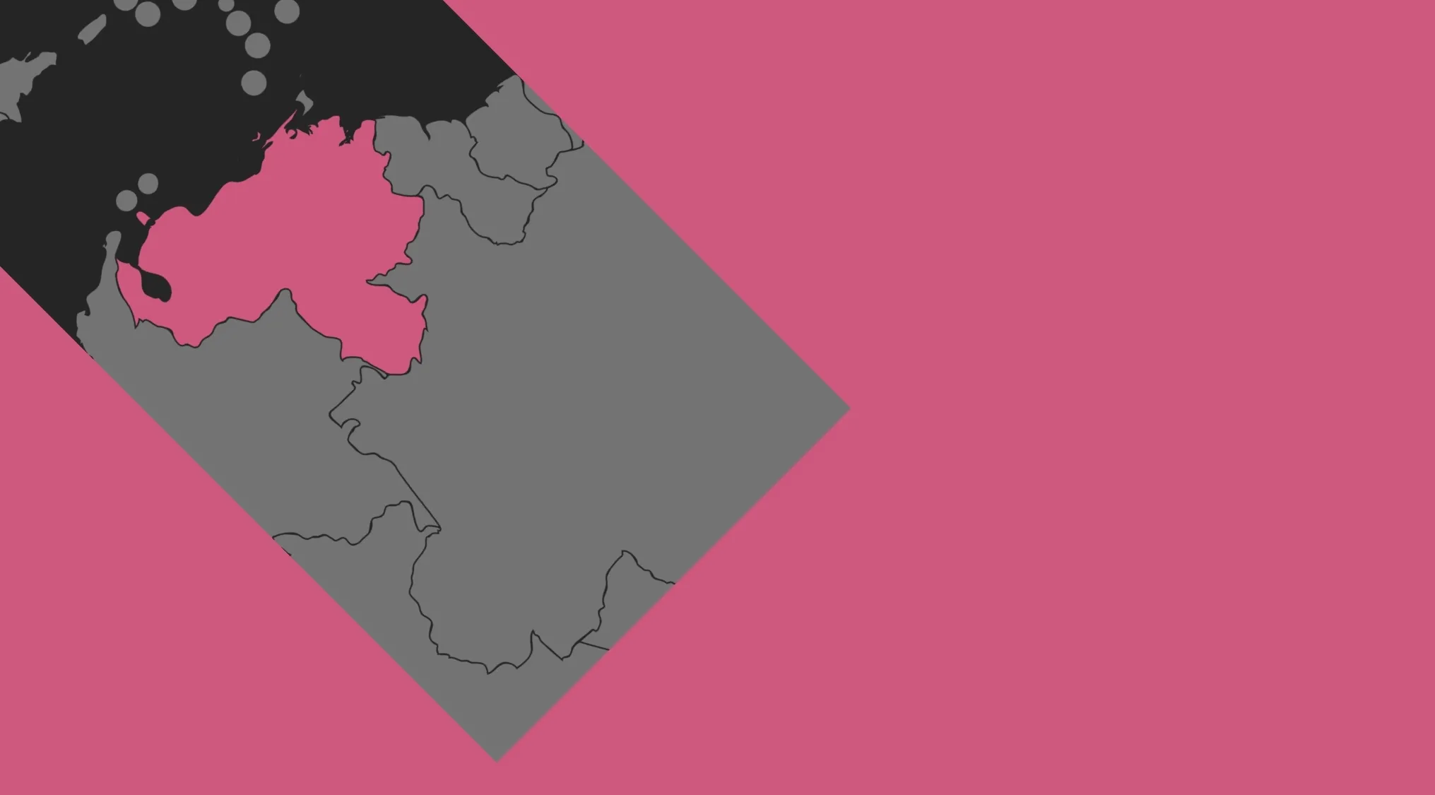 A crazy map showing a country highlighted in pink on a gray background, part of a Geography Challenge to guess the country.