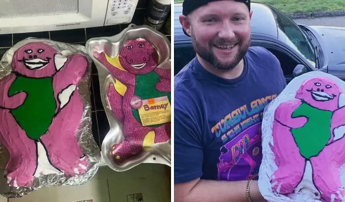 Mi papá me hizo un pastel casero de Barney. Tengo 34 años. ¿Una obra maestra o un fracaso? Lo hizo lo mejor que `pudo