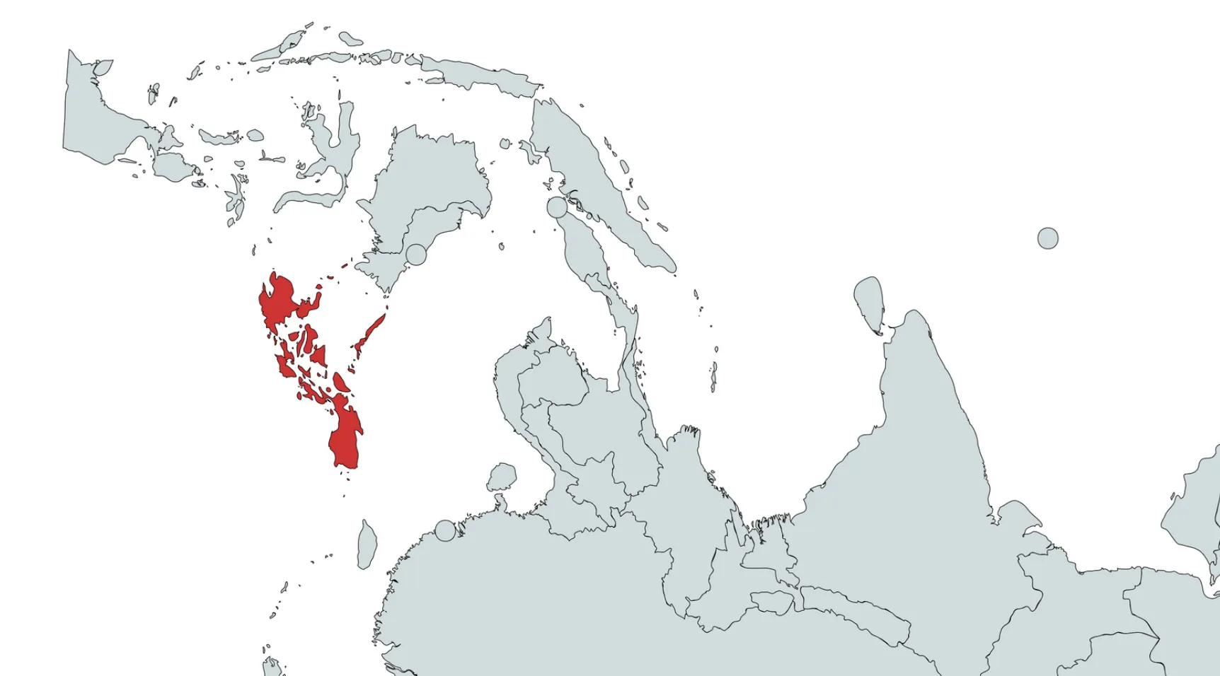 A world map with one Southeast Asian country, the Philippines, highlighted in red. Guess the country.