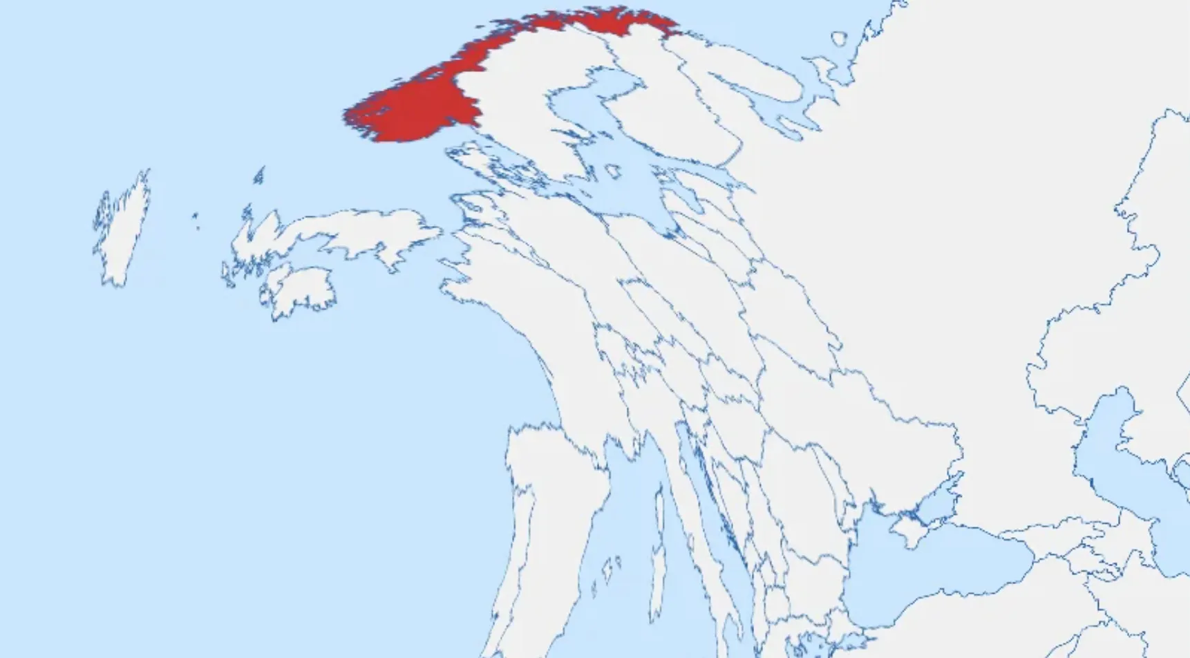 A twisted map of Europe with Norway highlighted in red for a Geography Challenge. Guess the country!