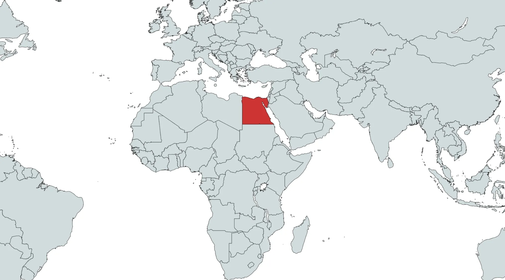 World map showing the country of Egypt highlighted in red. Can you guess the country on the map? What country does this map highlight?