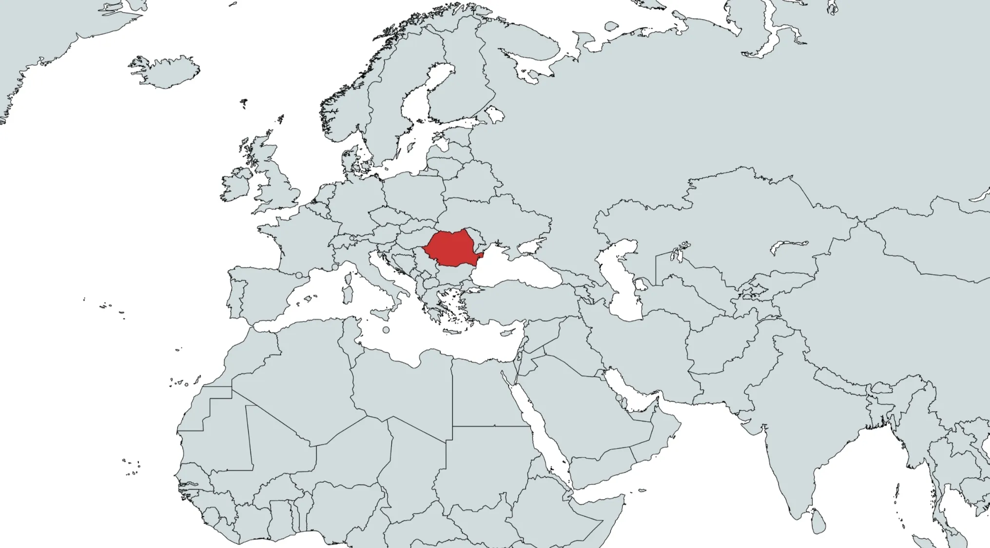 Map of Europe, Africa, and Asia, highlighting a country in red. Can you guess the country on the map?