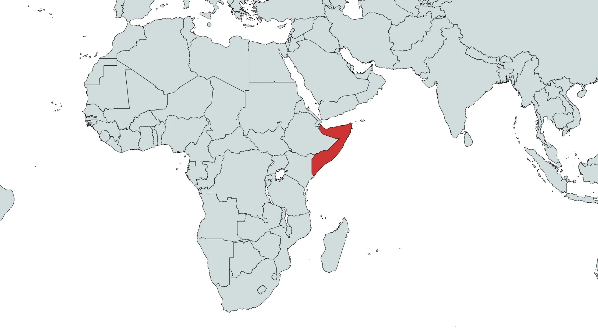A map highlighting the country of Somalia in red. What country is this? Can you guess the country on the map?