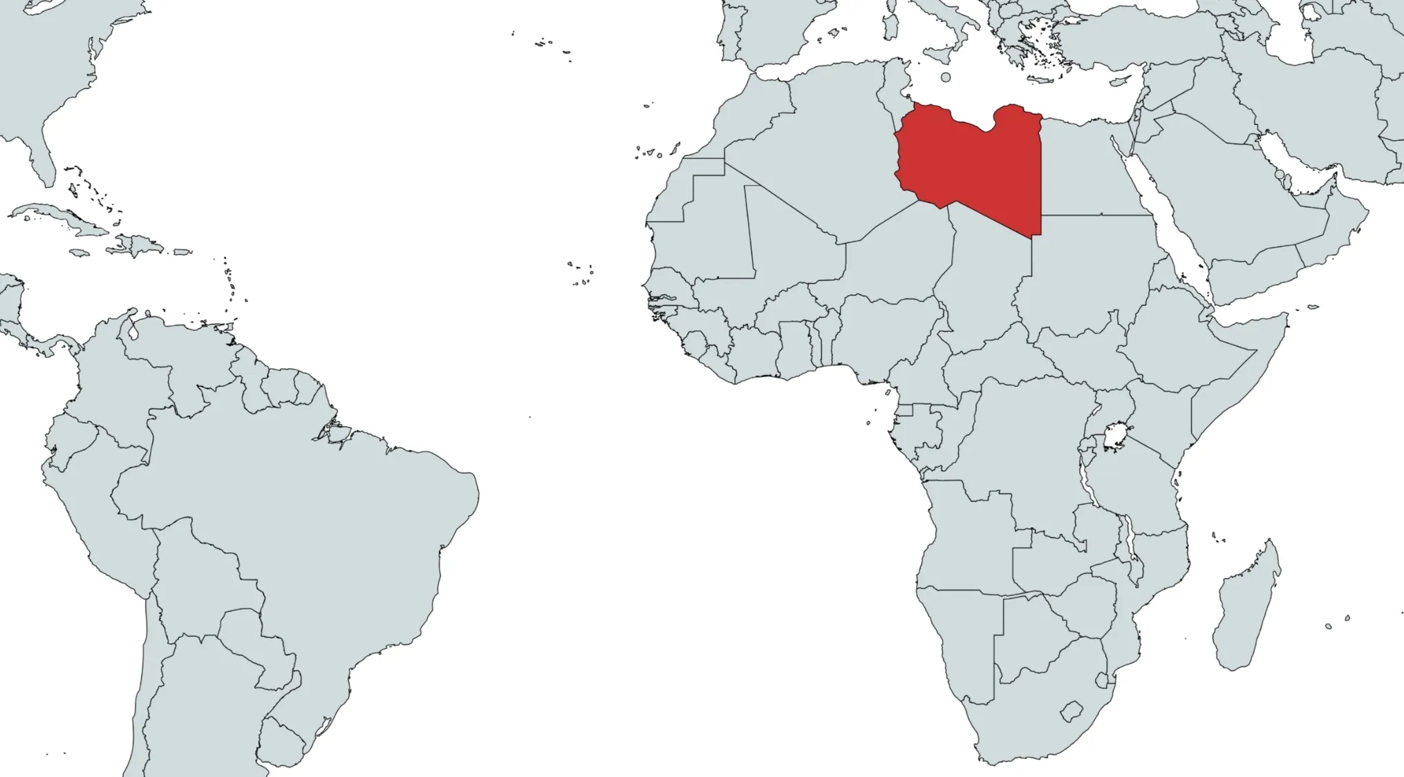 World map with Libya highlighted in red. Identify this country and guess the country on the map.