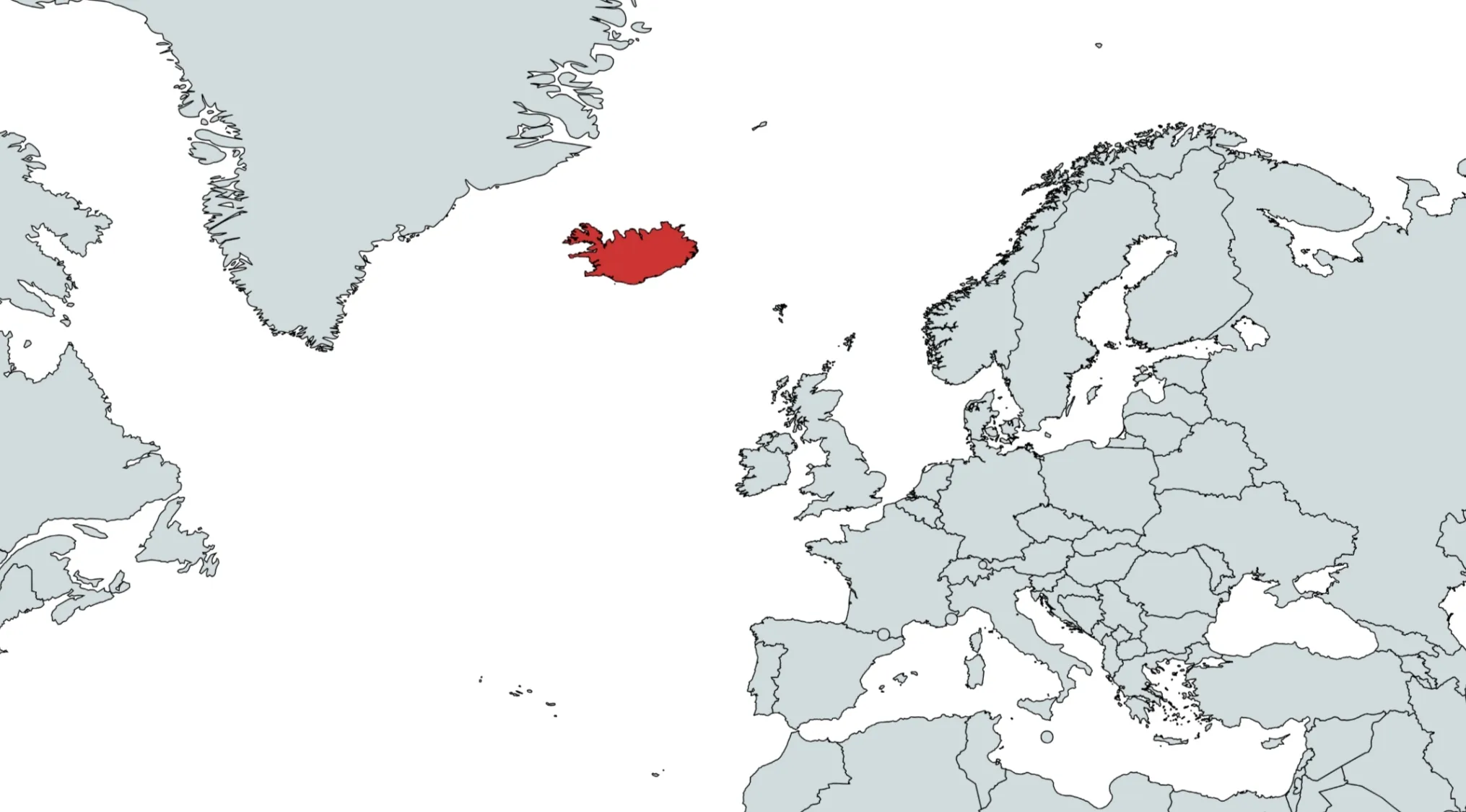 Map with Iceland highlighted in red. Can you guess the country on the map? What country is found here?