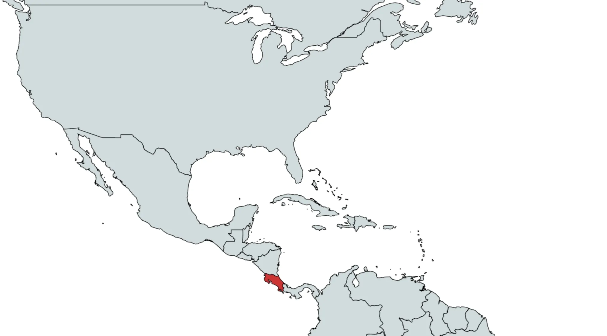 Map of North and South America with one country in Central America highlighted in red. Can you guess the country on the map? Which nation is marked here?