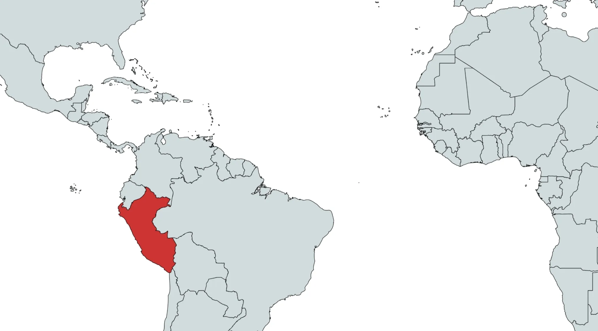 A world map highlighting Peru in red. Can you guess the country on the map? What country is this?