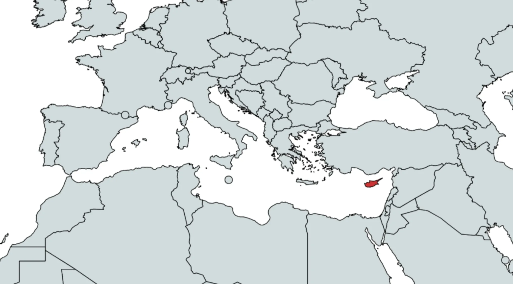 A map showing Europe, North Africa, and the Middle East, with the country of Cyprus highlighted in red. Can you guess the country?