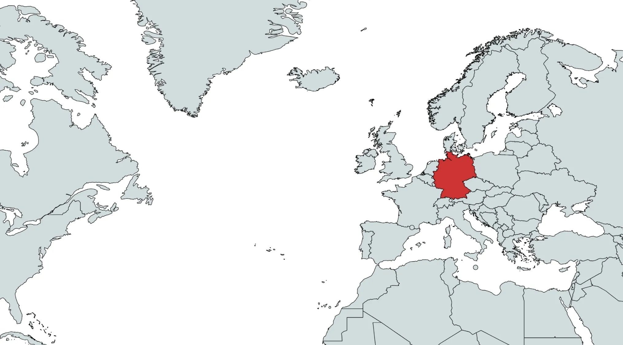 A map of the world with Europe central, highlighting Germany in red. Can you guess the country on the map? Which nation is marked here?